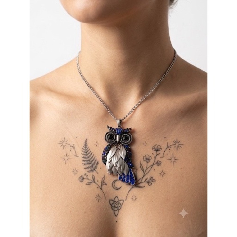 Vintage Blue Rhinestone Articulated‎ Owl Pendant Necklace Silver Tone Statement